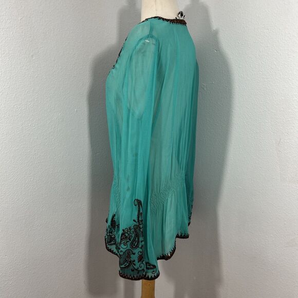 Cache Blouse Womens S Green Silk Sheer Embroidered Boho Peasant Top - Picture 2 of 10